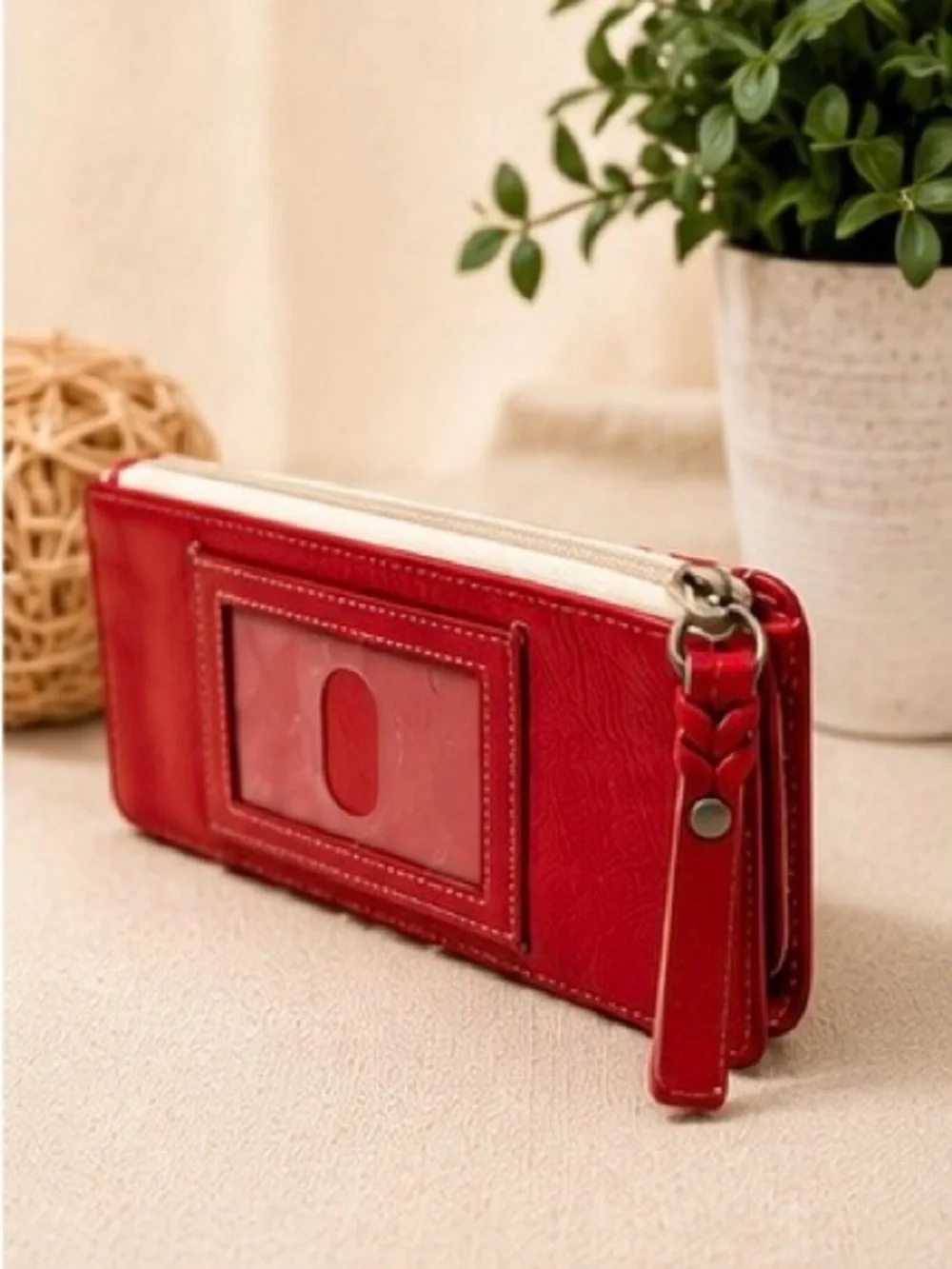 Fossil Wallet Red Leather Geo Print Zip Snap Tab Card Holder